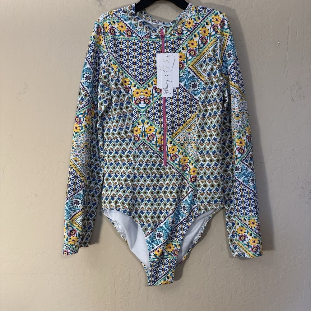 Jessica Simpson‎ Swimsuit Girls XL (14/16) One Piece Floral Long Sleeve UPF NEW